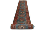 3x29 Light Blue and Red Kazak Tribal Runner