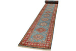 3x29 Light Blue and Red Kazak Tribal Runner