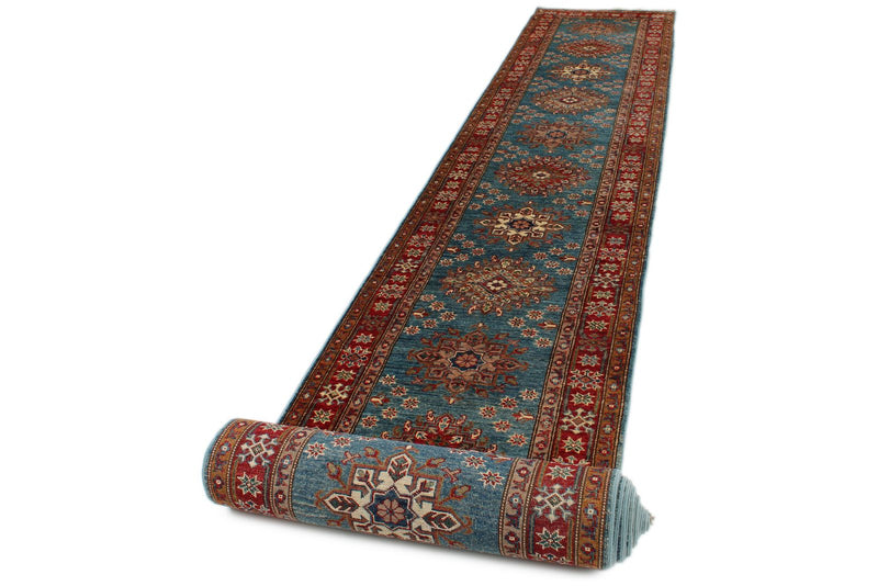 3x29 Light Blue and Red Kazak Tribal Runner