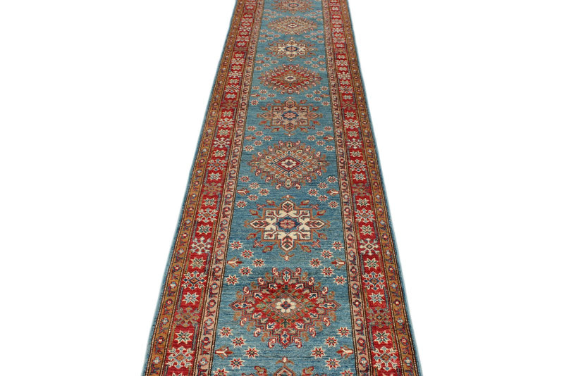 3x29 Light Blue and Red Kazak Tribal Runner