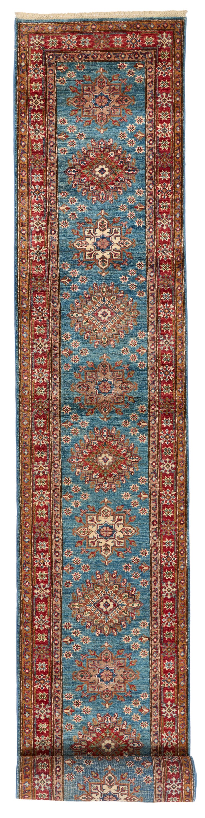 3x29 Light Blue and Red Kazak Tribal Runner