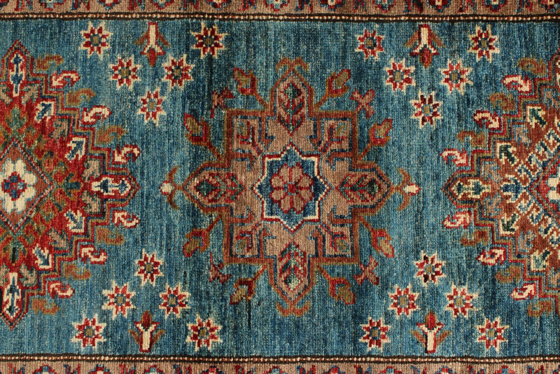 3x29 Light Blue and Red Kazak Tribal Runner