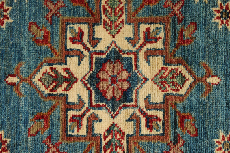 3x29 Light Blue and Red Kazak Tribal Runner