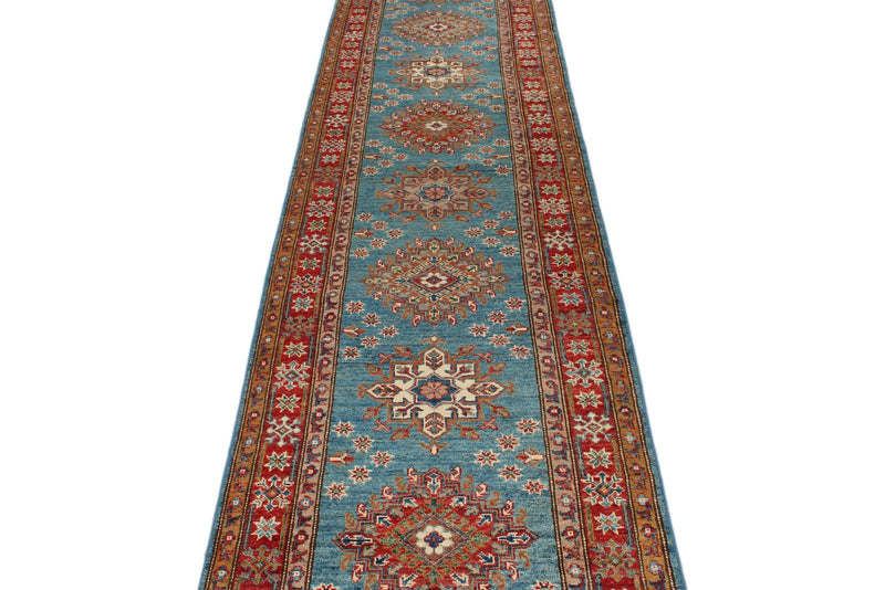 3x29 Light Blue and Red Kazak Tribal Runner