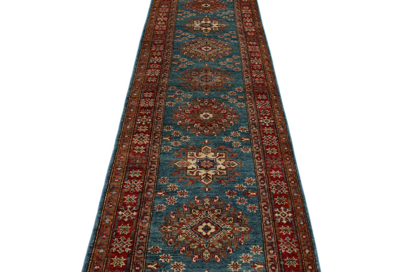 3x29 Light Blue and Red Kazak Tribal Runner