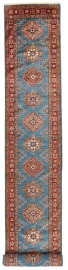 3x27 Light Blue and Red Kazak Tribal Runner