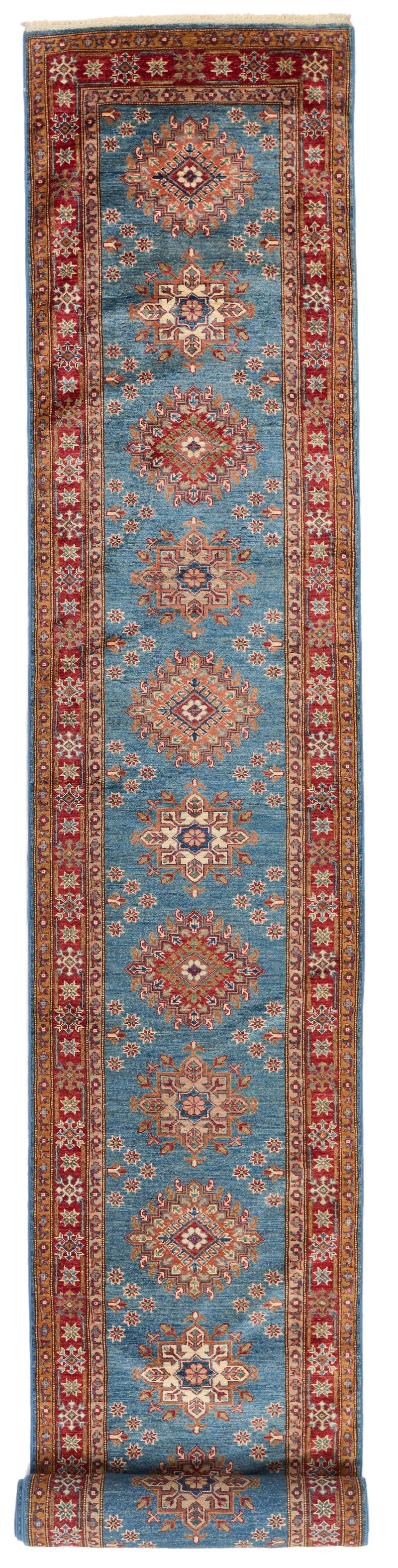 3x27 Light Blue and Red Kazak Tribal Runner