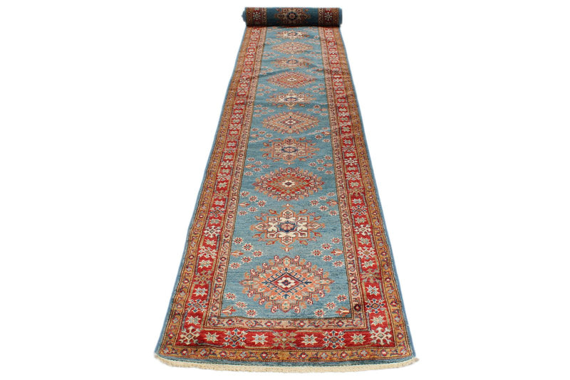 3x27 Light Blue and Red Kazak Tribal Runner