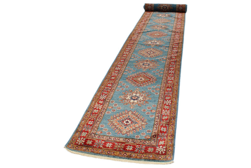 3x27 Light Blue and Red Kazak Tribal Runner