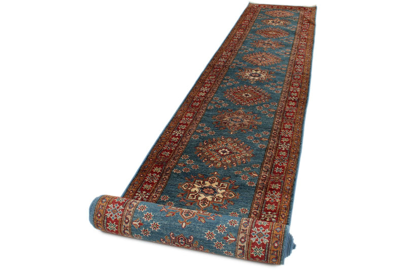 3x27 Light Blue and Red Kazak Tribal Runner