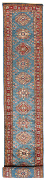 3x27 Light Blue and Red Kazak Tribal Runner