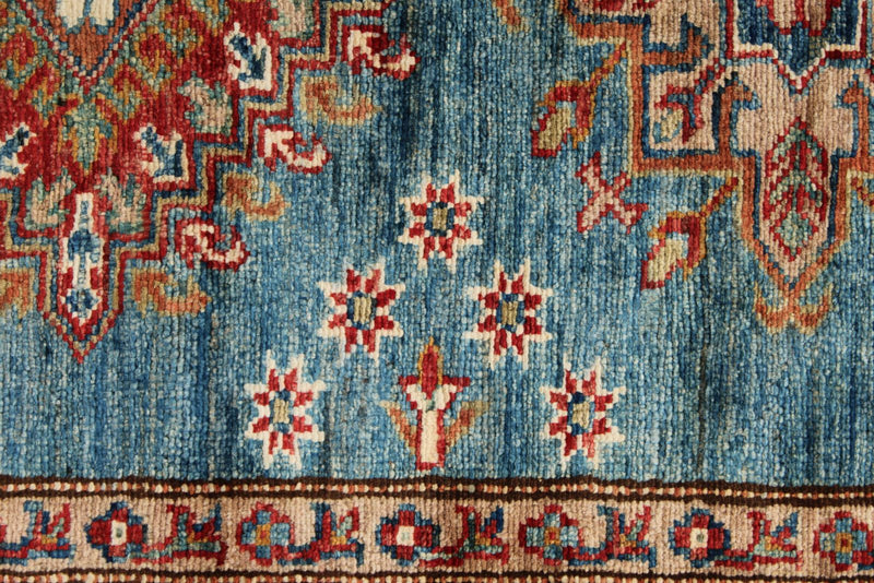 3x27 Light Blue and Red Kazak Tribal Runner