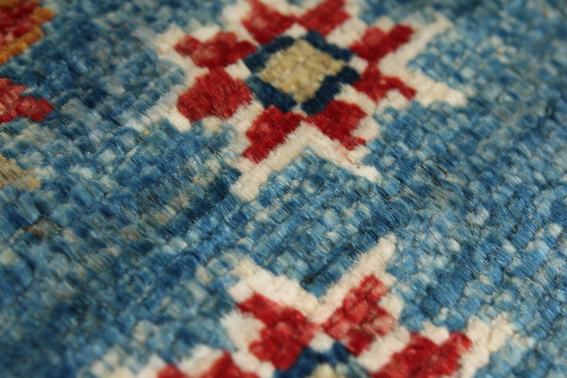 3x27 Light Blue and Red Kazak Tribal Runner