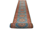 3x27 Light Blue and Red Kazak Tribal Runner