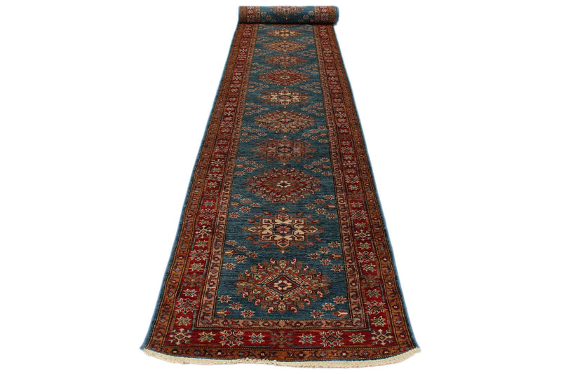 3x27 Light Blue and Red Kazak Tribal Runner