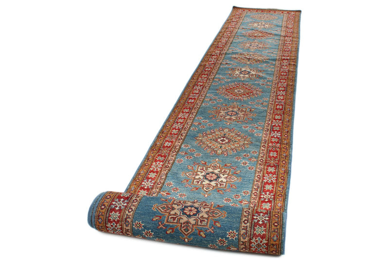 3x27 Light Blue and Red Kazak Tribal Runner