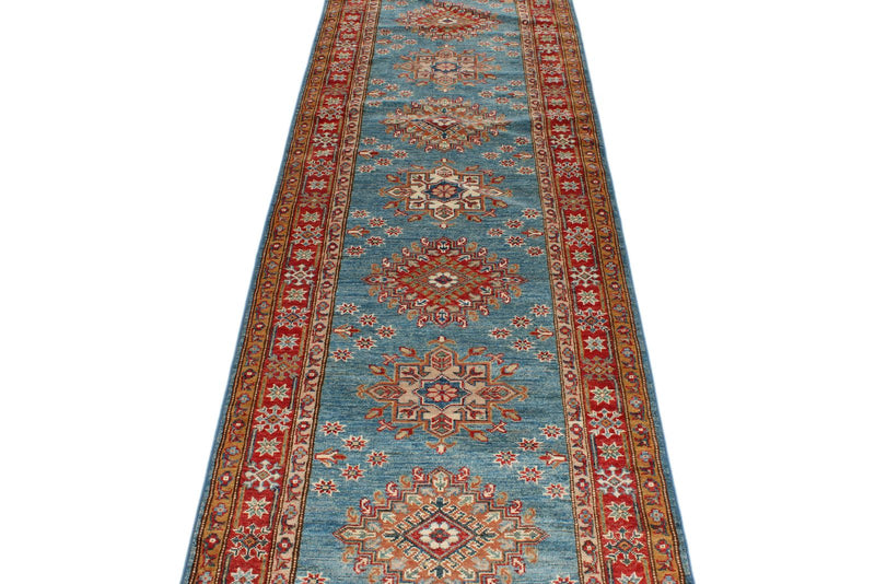 3x27 Light Blue and Red Kazak Tribal Runner