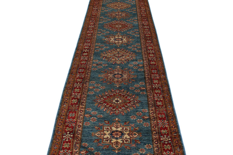 3x27 Light Blue and Red Kazak Tribal Runner