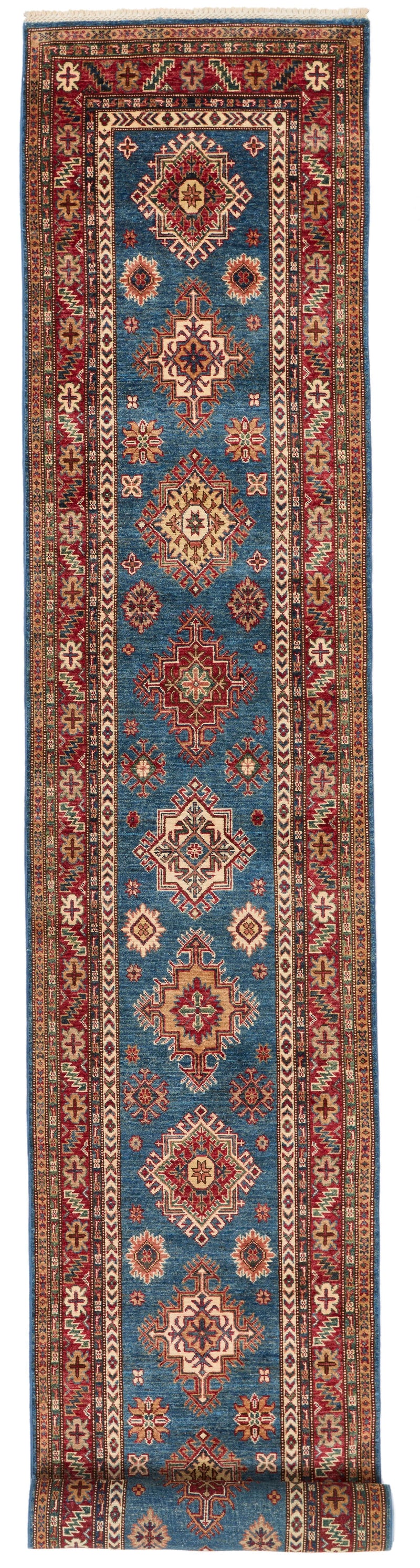 3x21 Light Blue and Red Kazak Tribal Runner