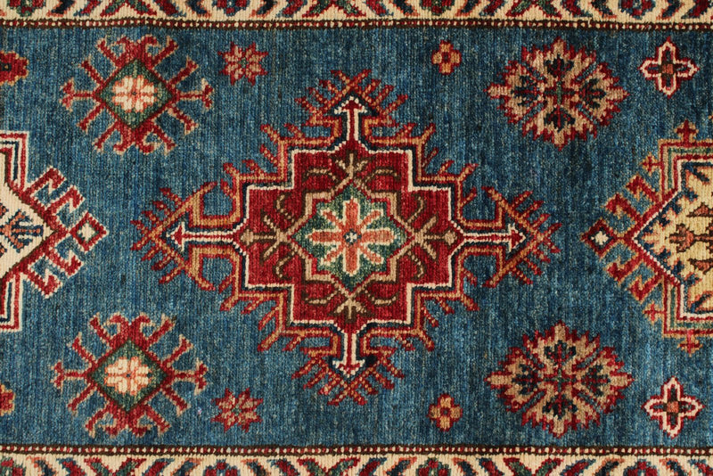 3x21 Light Blue and Red Kazak Tribal Runner