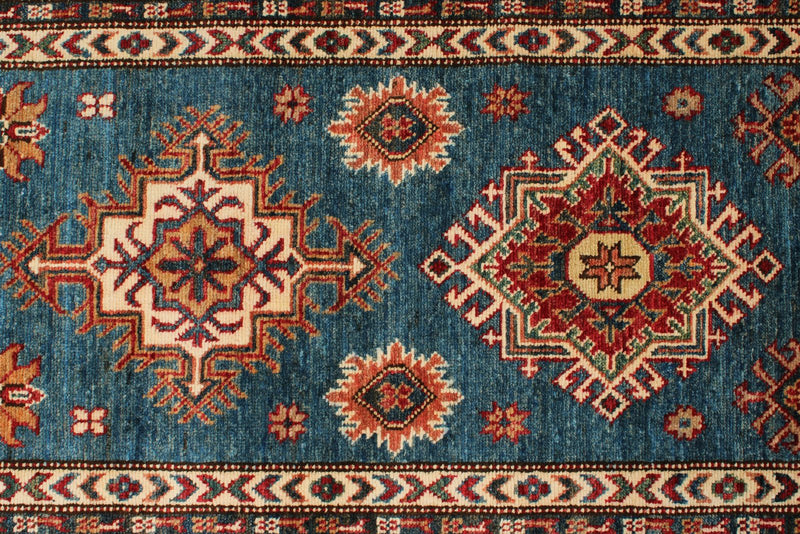 3x21 Light Blue and Red Kazak Tribal Runner