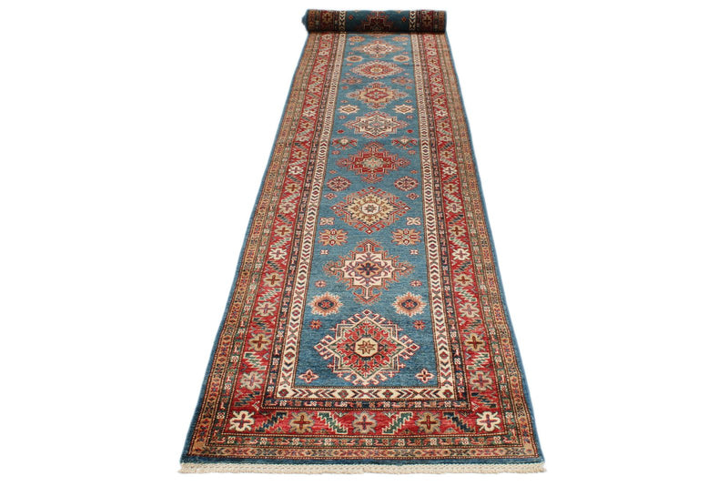 3x21 Light Blue and Red Kazak Tribal Runner