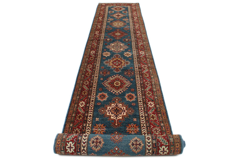 3x21 Light Blue and Red Kazak Tribal Runner