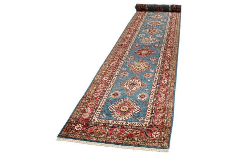 3x21 Light Blue and Red Kazak Tribal Runner