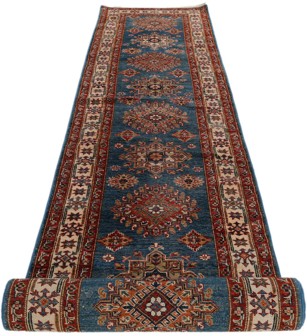 3x21 Light Blue and Ivory Kazak Tribal Runner