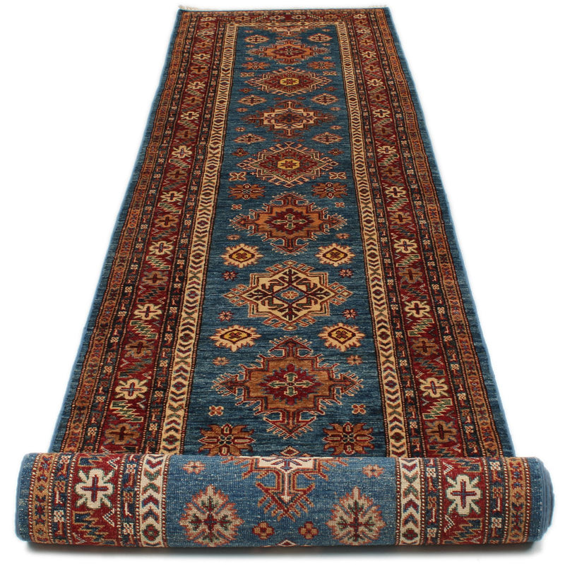 3x20 Light Blue and Red Kazak Tribal Runner