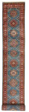 3x29 Light Blue and Red Kazak Tribal Runner