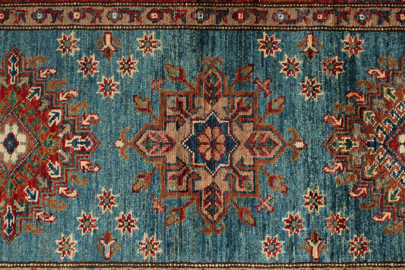 3x29 Light Blue and Red Kazak Tribal Runner