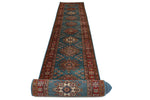 3x29 Light Blue and Red Kazak Tribal Runner