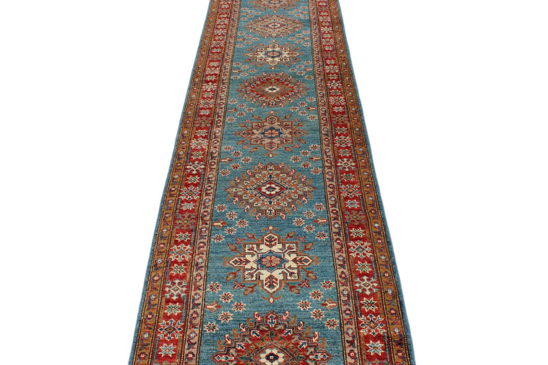 3x29 Light Blue and Red Kazak Tribal Runner