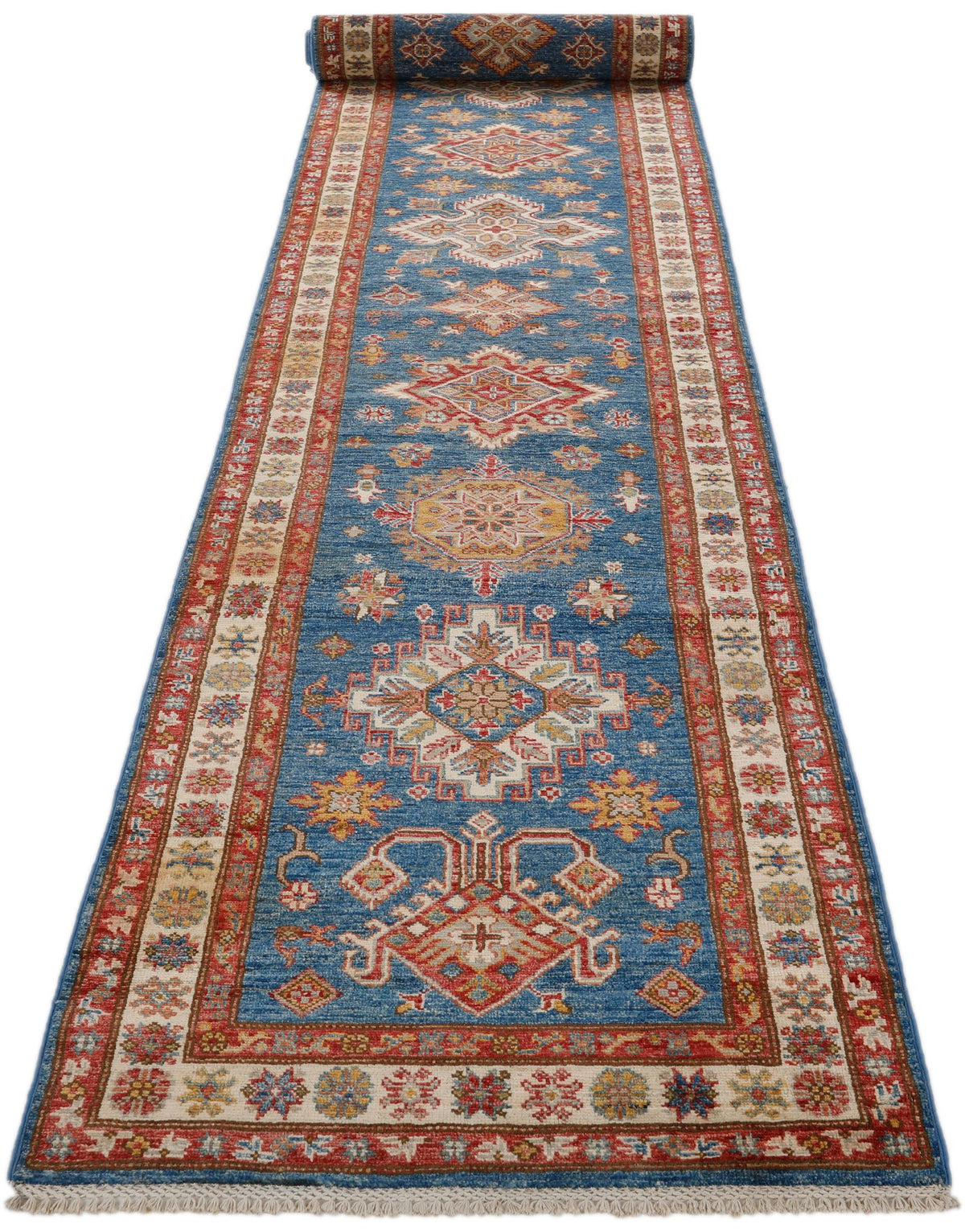3x21 Light Blue and Ivory Kazak Tribal Runner