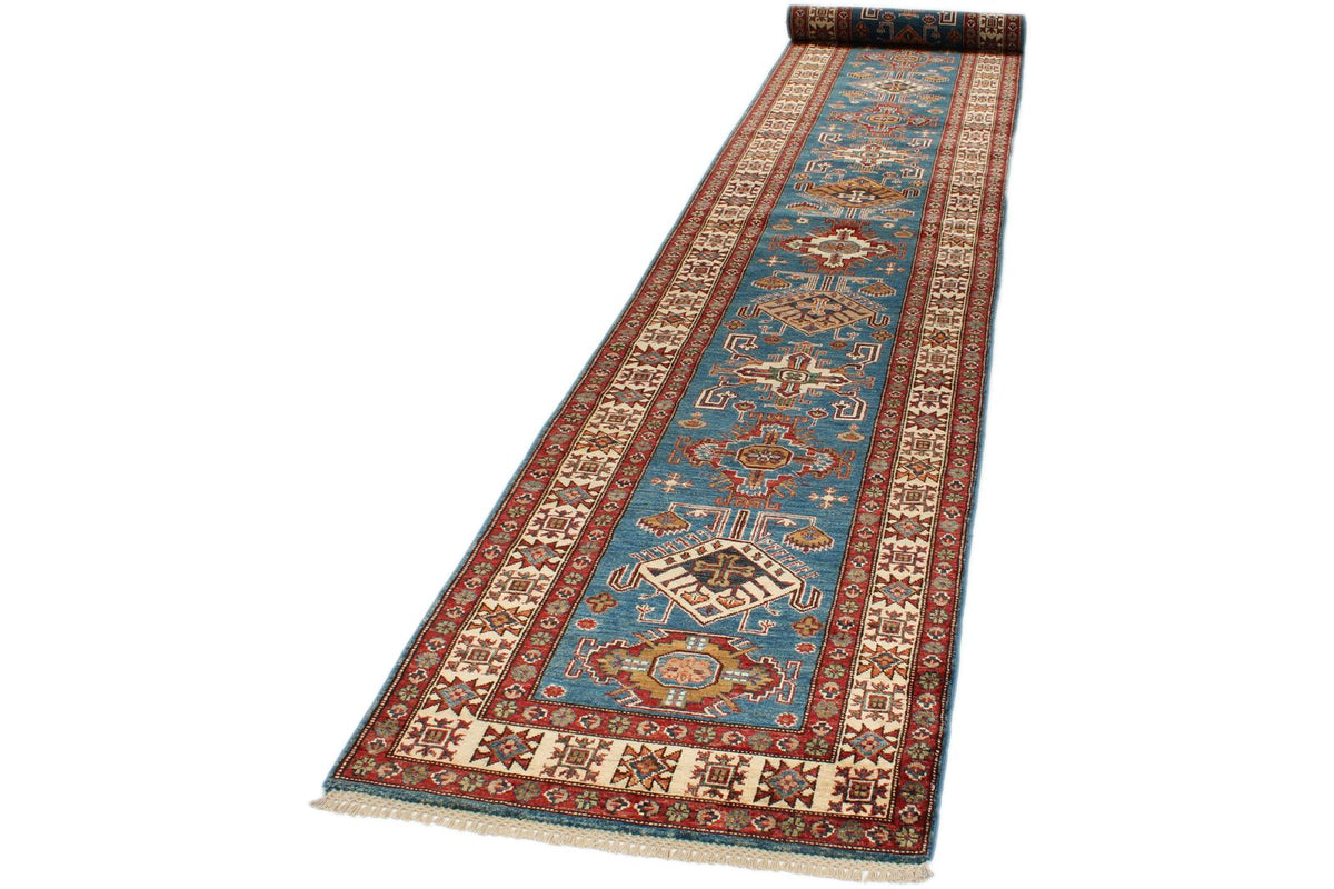3x20 Light Blue and Ivory Kazak Tribal Runner