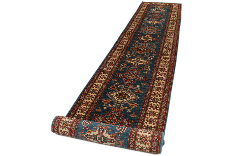 3x20 Light Blue and Ivory Kazak Tribal Runner