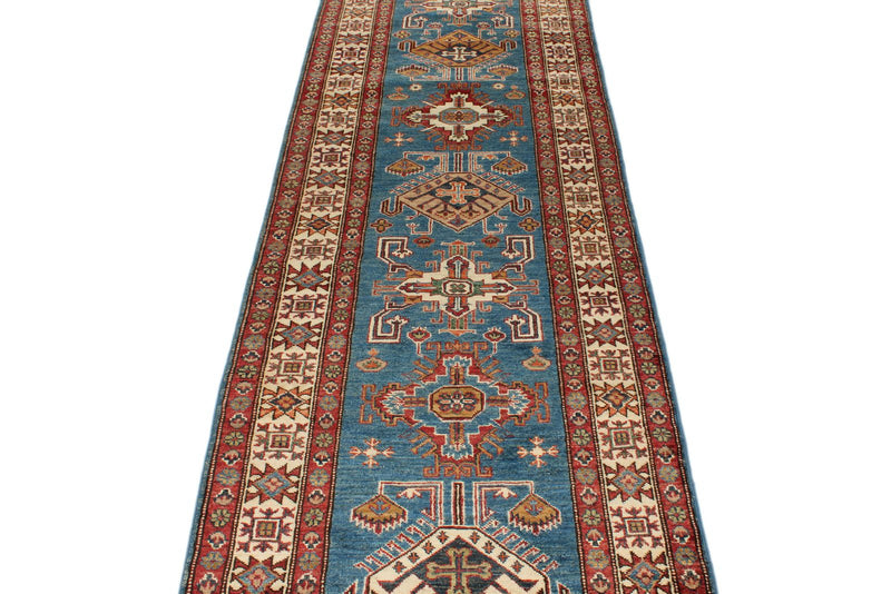 3x20 Light Blue and Ivory Kazak Tribal Runner