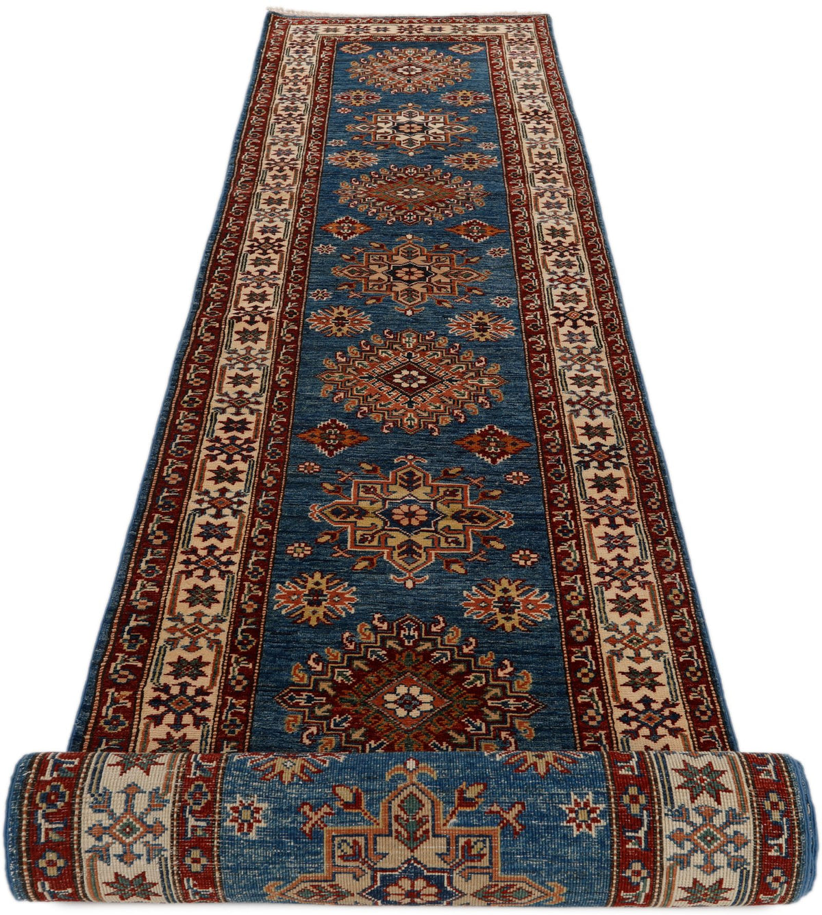 3x23 Light Blue and Ivory Kazak Tribal Runner
