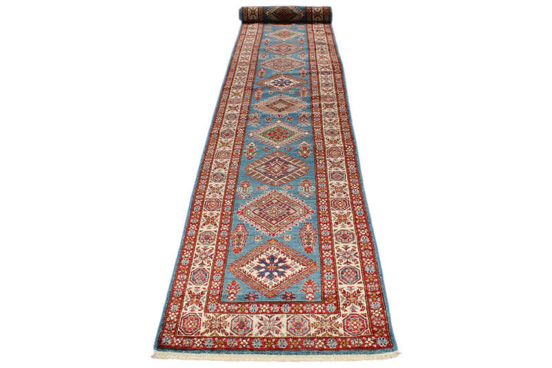 3x24 Light Blue and Ivory Kazak Tribal Runner