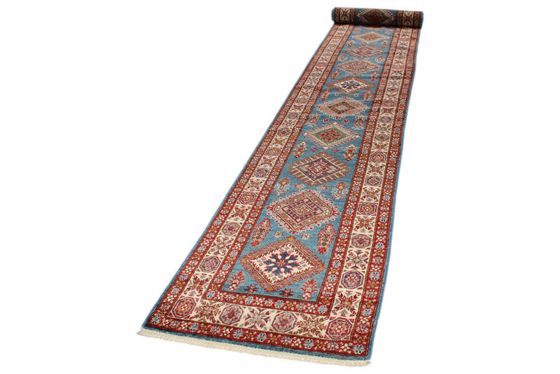 3x24 Light Blue and Ivory Kazak Tribal Runner