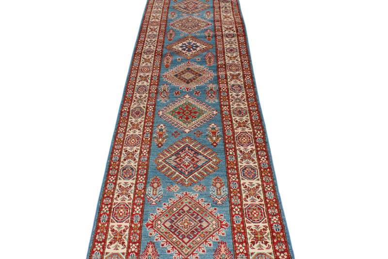 3x24 Light Blue and Ivory Kazak Tribal Runner