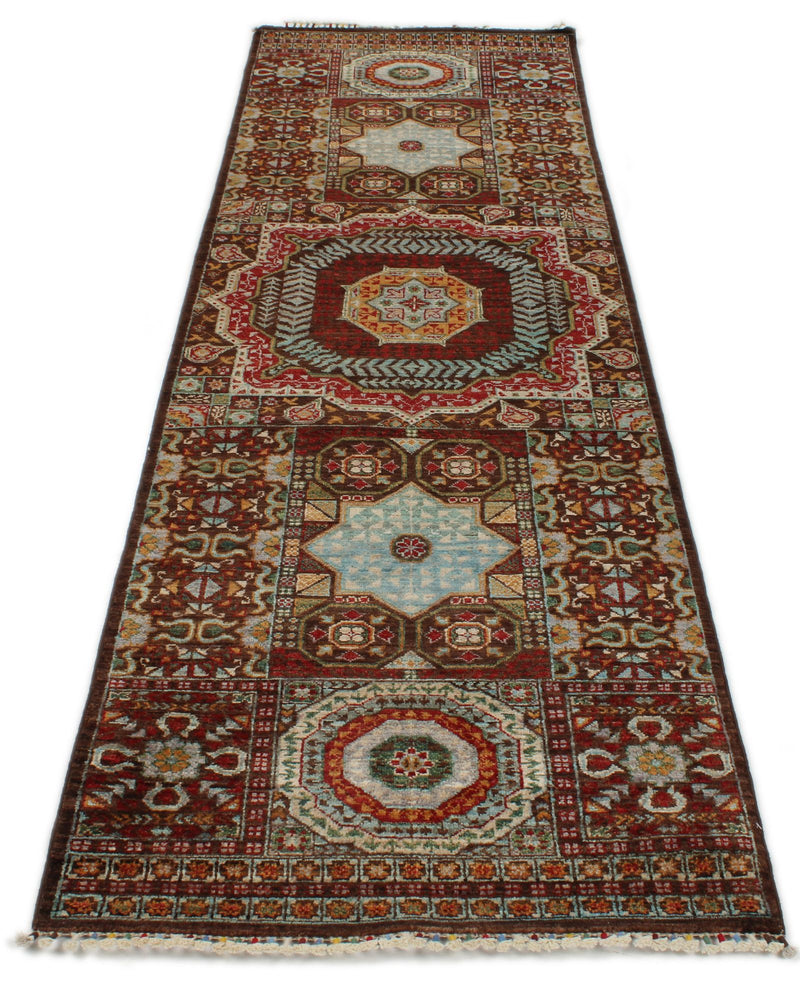 3x9 Brown and Multicolor Turkish Tribal Rug