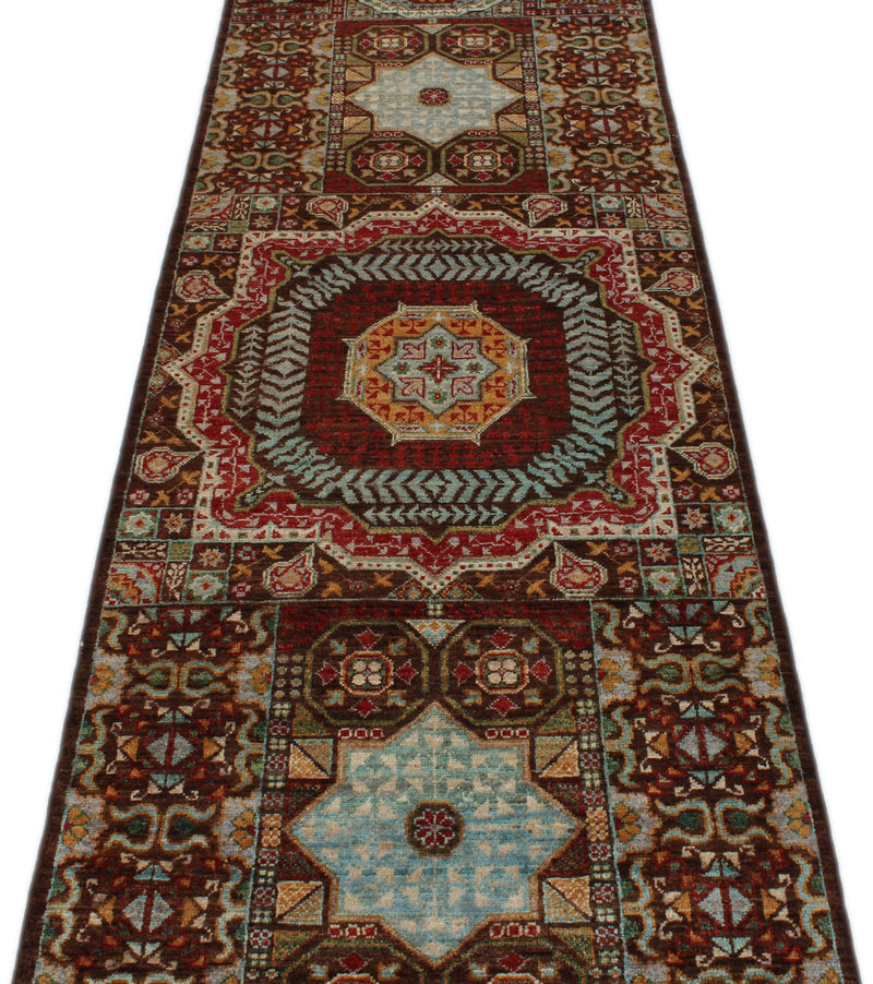 3x9 Brown and Multicolor Turkish Tribal Rug