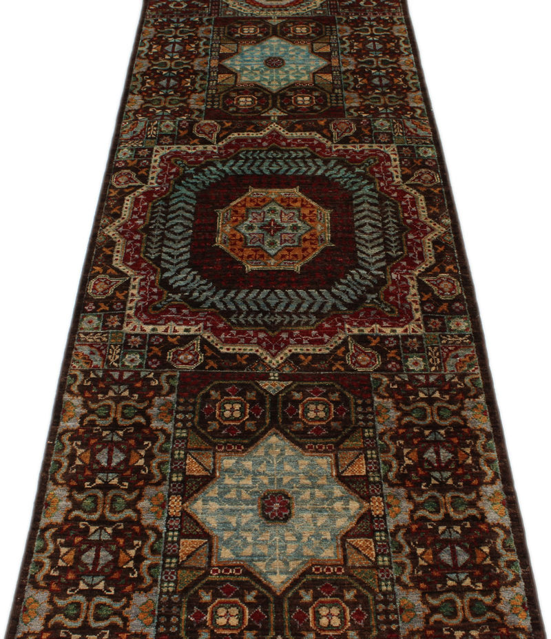 3x9 Brown and Multicolor Turkish Tribal Rug