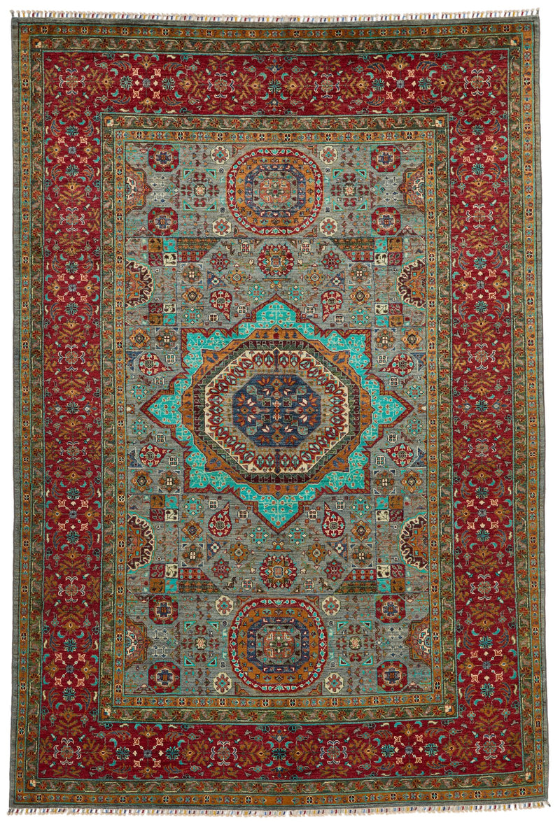 7x10 Gray and Red Turkish Tribal Rug