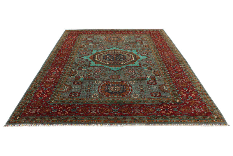 7x10 Gray and Red Turkish Tribal Rug