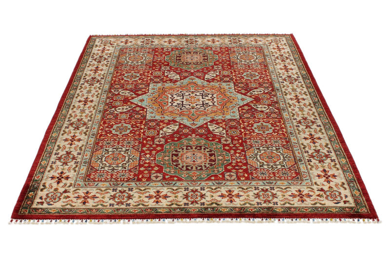 5x7 Red and Ivory Turkish Tribal Rug