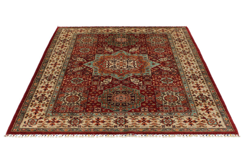 5x7 Red and Ivory Turkish Tribal Rug