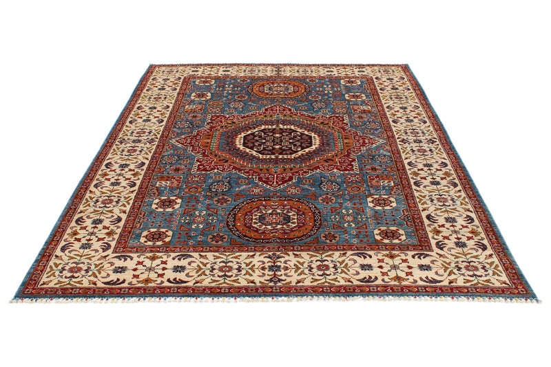 6x9 Blue and Ivory Turkish Tribal Rug